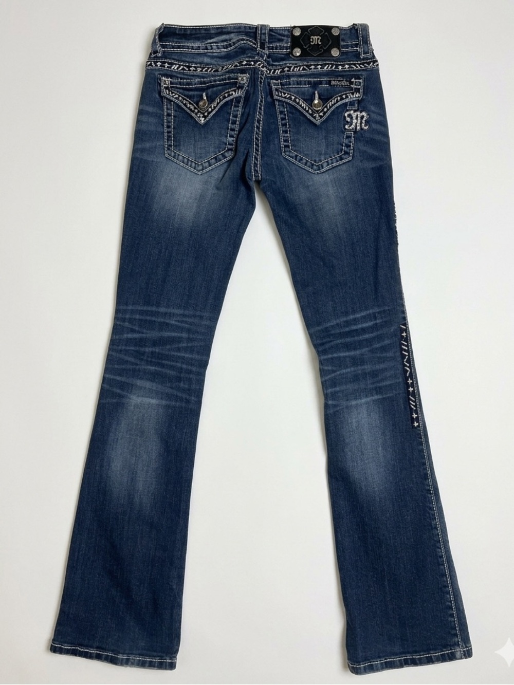 Miss Me Blue Low Rise Bootcut Jeans with Contrast Stitching 27x33